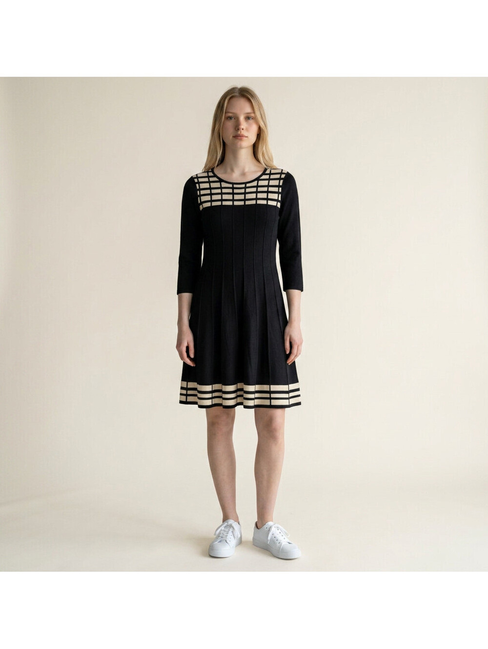 Johi Dress Women M Medium Black Geometric Sheath Midi 3/4 Sleeve Stretch Casual